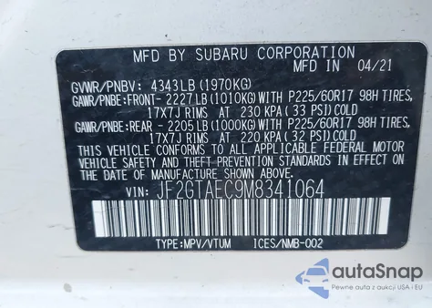 2021 Subaru Crosstrek Premium из США, поврежденный, VIN JF2GTAEC9M8341064